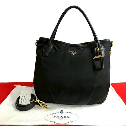 PRADA Tote Bag Nylon, Leather black PRADA logoMetal Women Used Authentic