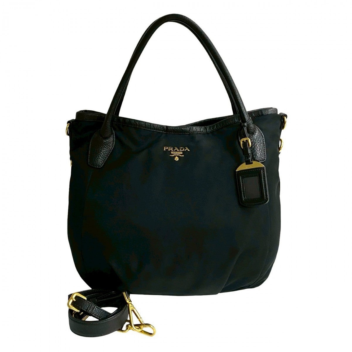PRADA Tote Bag Nylon, Leather black PRADA logoMetal Women Used Authentic