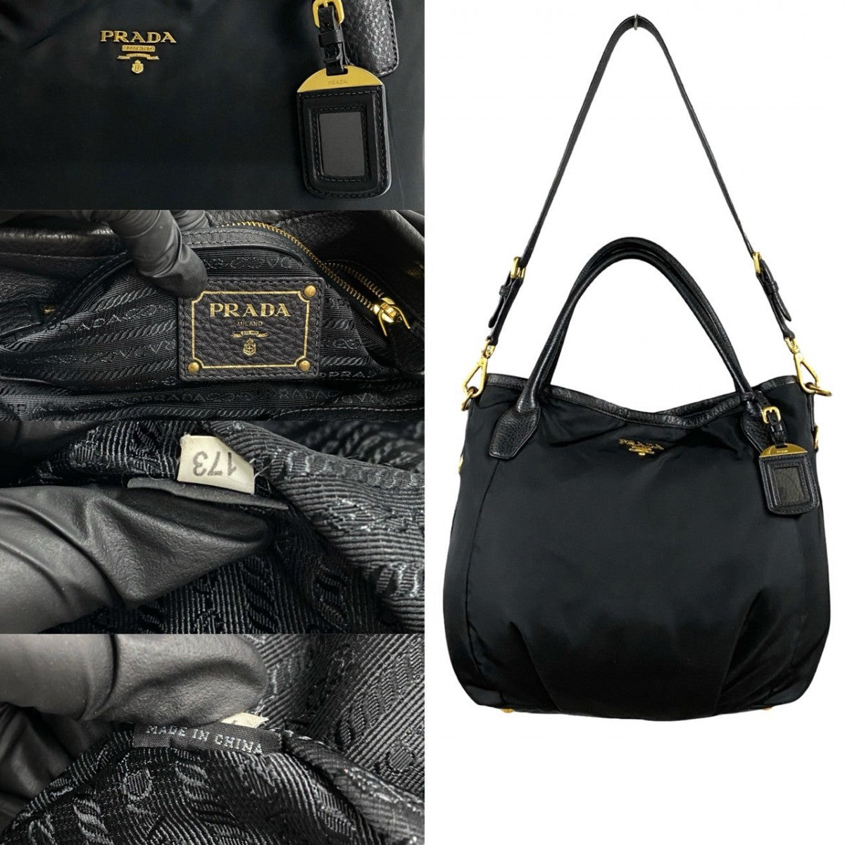 PRADA Tote Bag Nylon, Leather black PRADA logoMetal Women Used Authentic