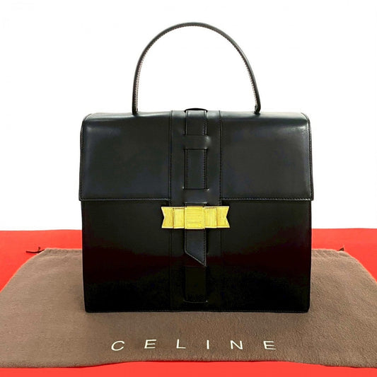 CELINE Handbag leather black logo ribbon Metal Women Used Authentic