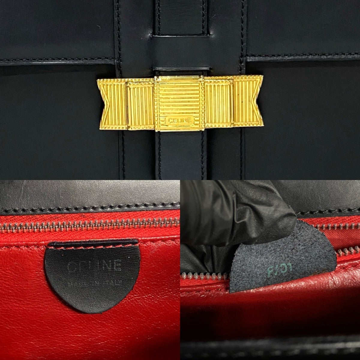 CELINE Handbag leather black logo ribbon Metal Women Used Authentic