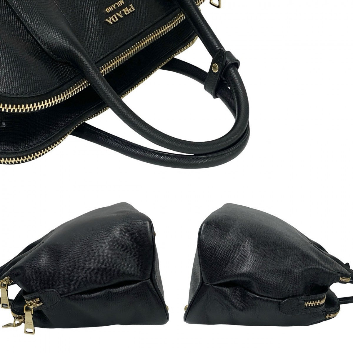 PRADA Handbag leather black PRADA logoMetal Women Used Authentic