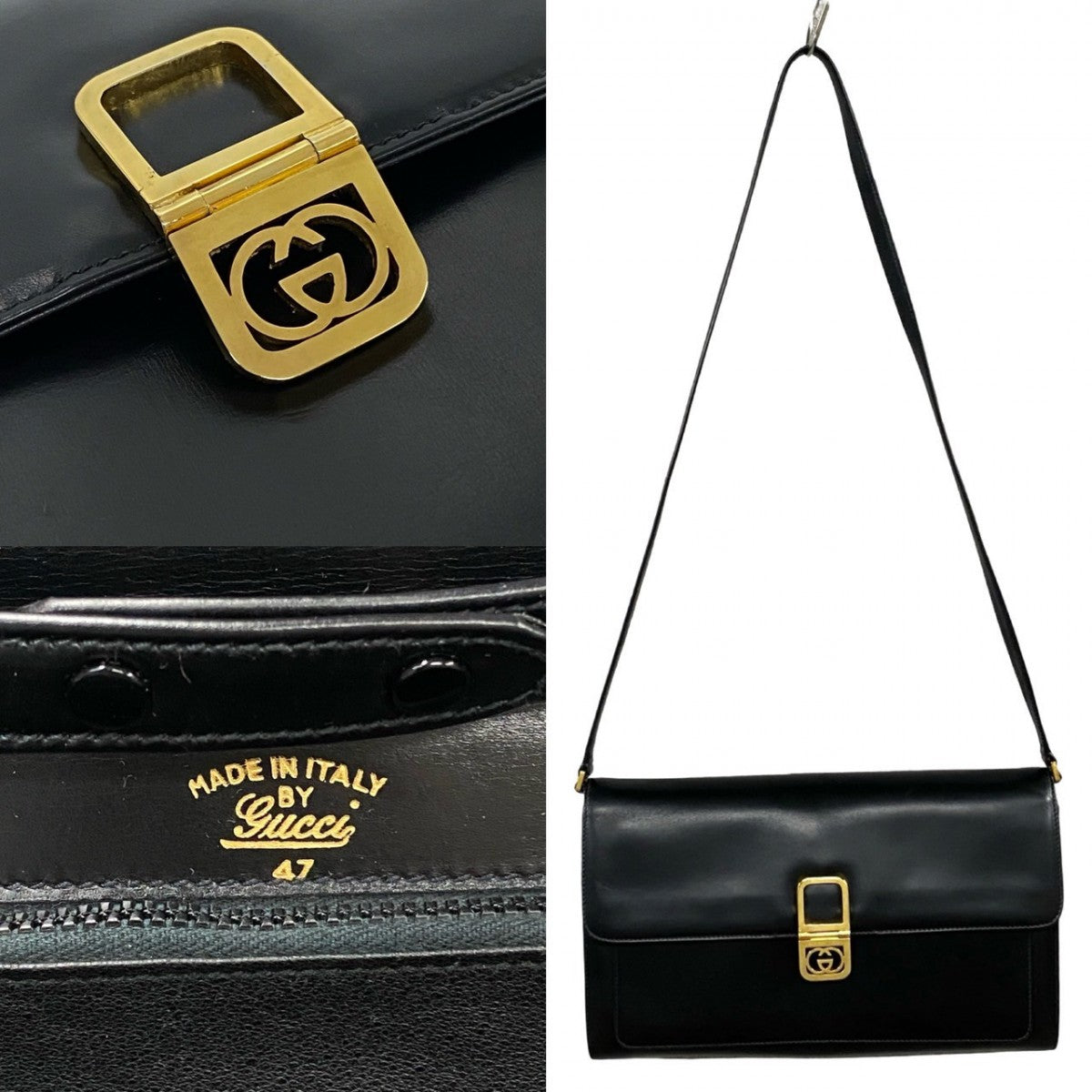 GUCCI Shoulder Bag leather black GG logoMetal Women Used Authentic