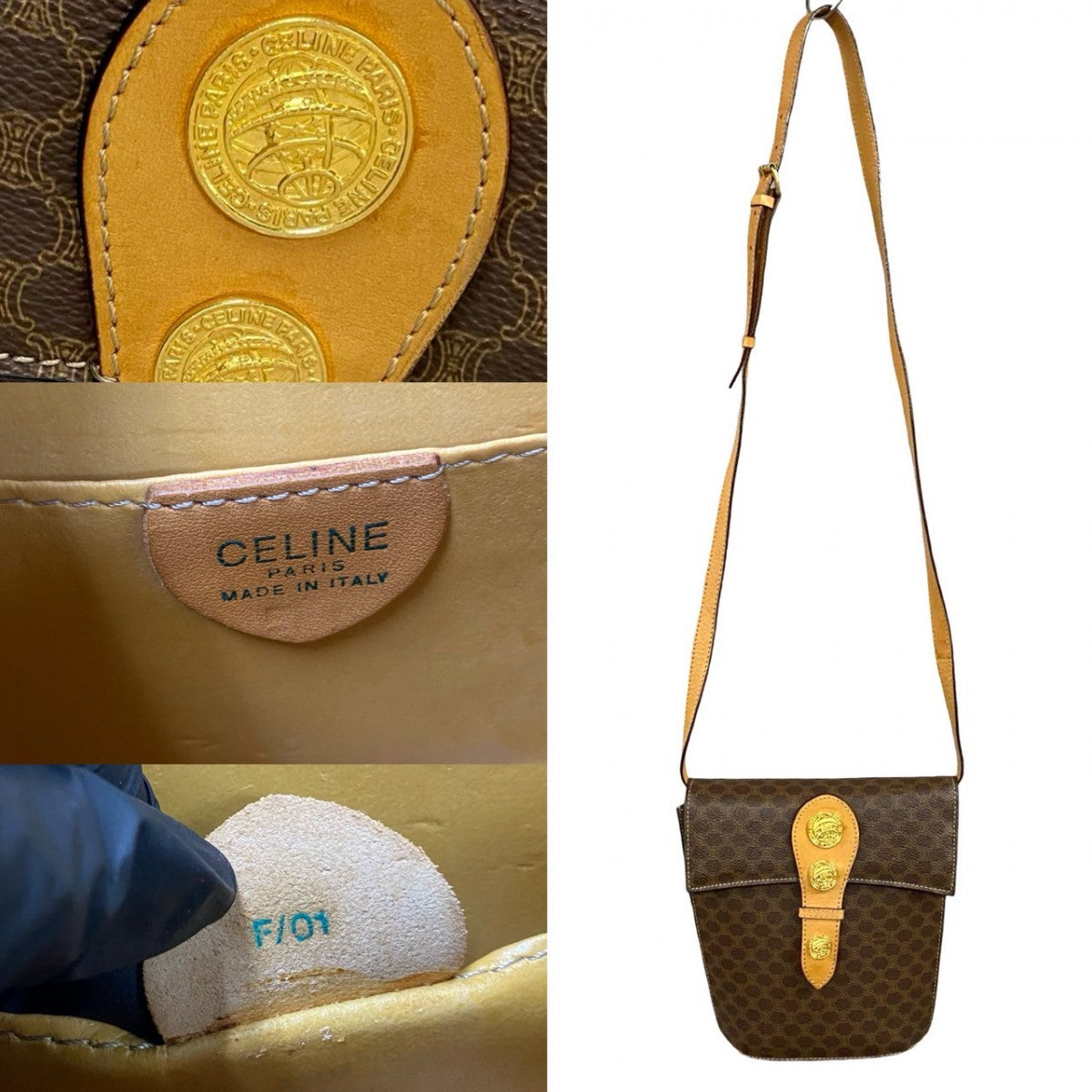 CELINE Shoulder Bag Leather, PVC Brown Macadam Blason Triomphe Pattern Medal Coin Motif Metal Women Used Authentic