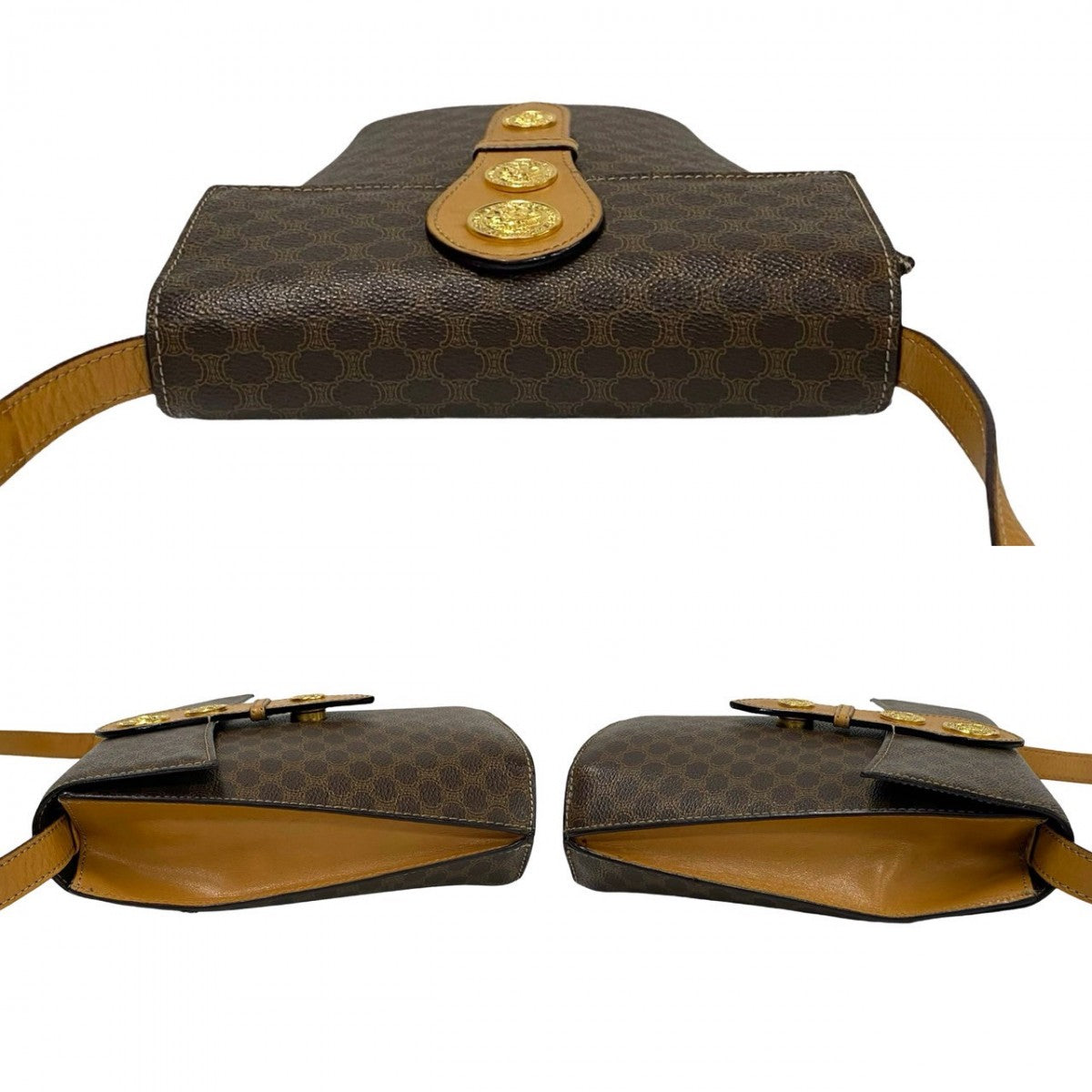CELINE Shoulder Bag Leather, PVC Brown Macadam Blason Triomphe Pattern Medal Coin Motif Metal Women Used Authentic