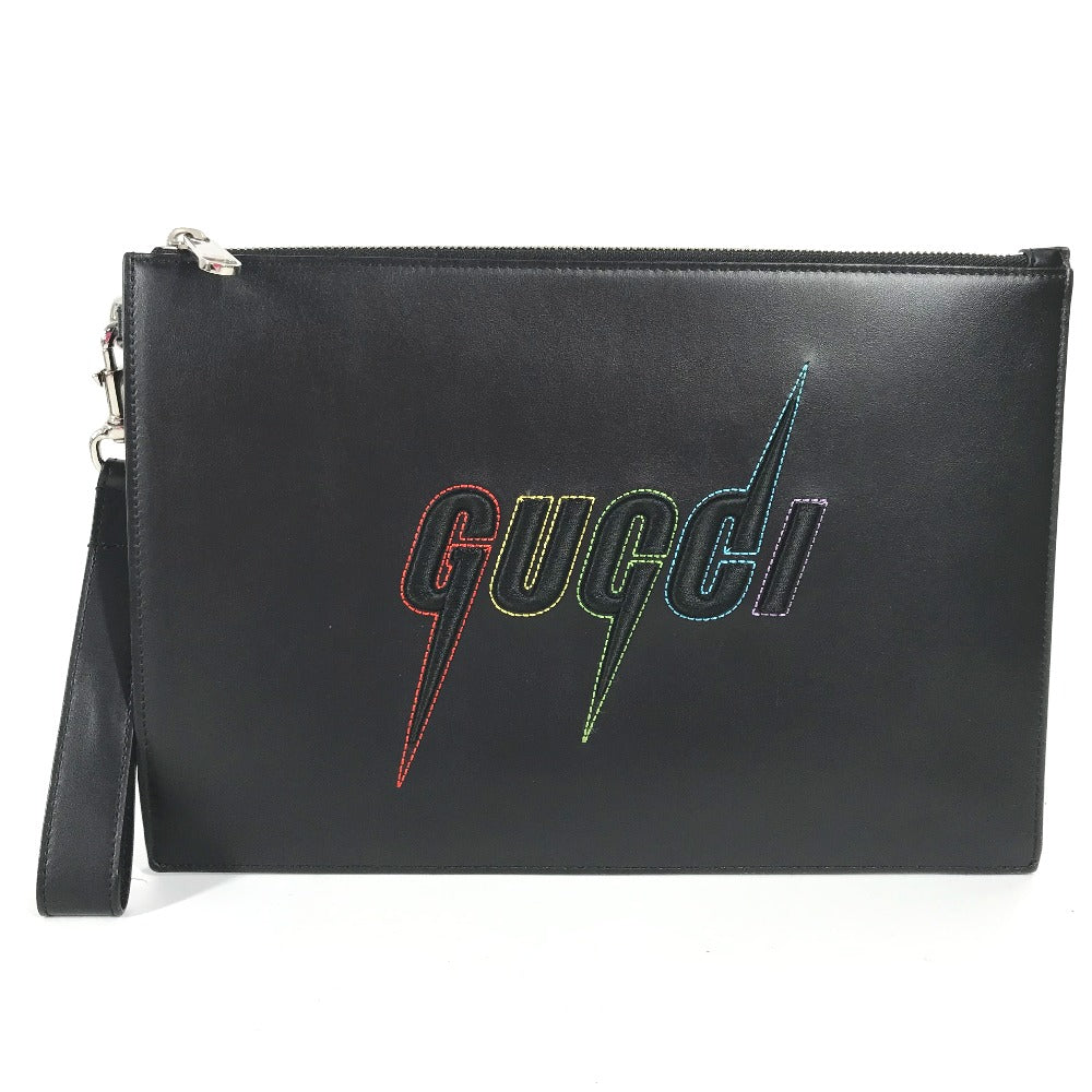 GUCCI Clutch bag 597678 leather black bag pouch Braid embroidery logo unisex(Unisex) Used Authentic