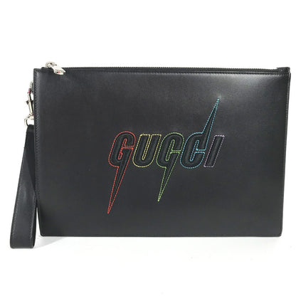 GUCCI Clutch bag 597678 leather black bag pouch Braid embroidery logo unisex(Unisex) Used Authentic