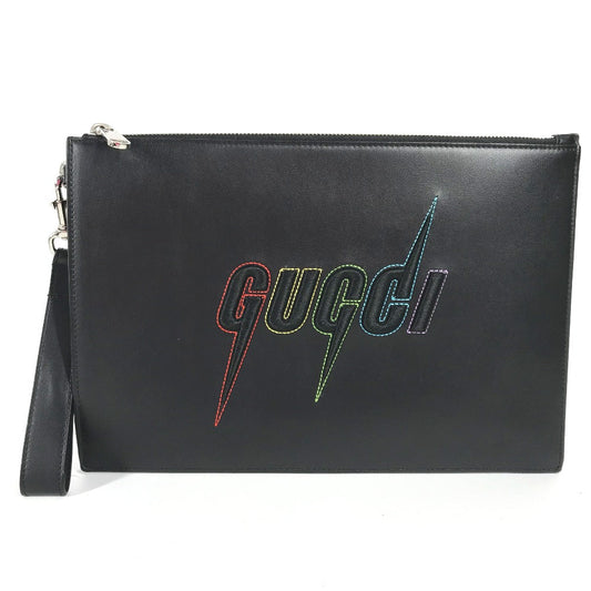 GUCCI Clutch bag 597678 leather black bag pouch Braid embroidery logo unisex(Unisex) Used Authentic