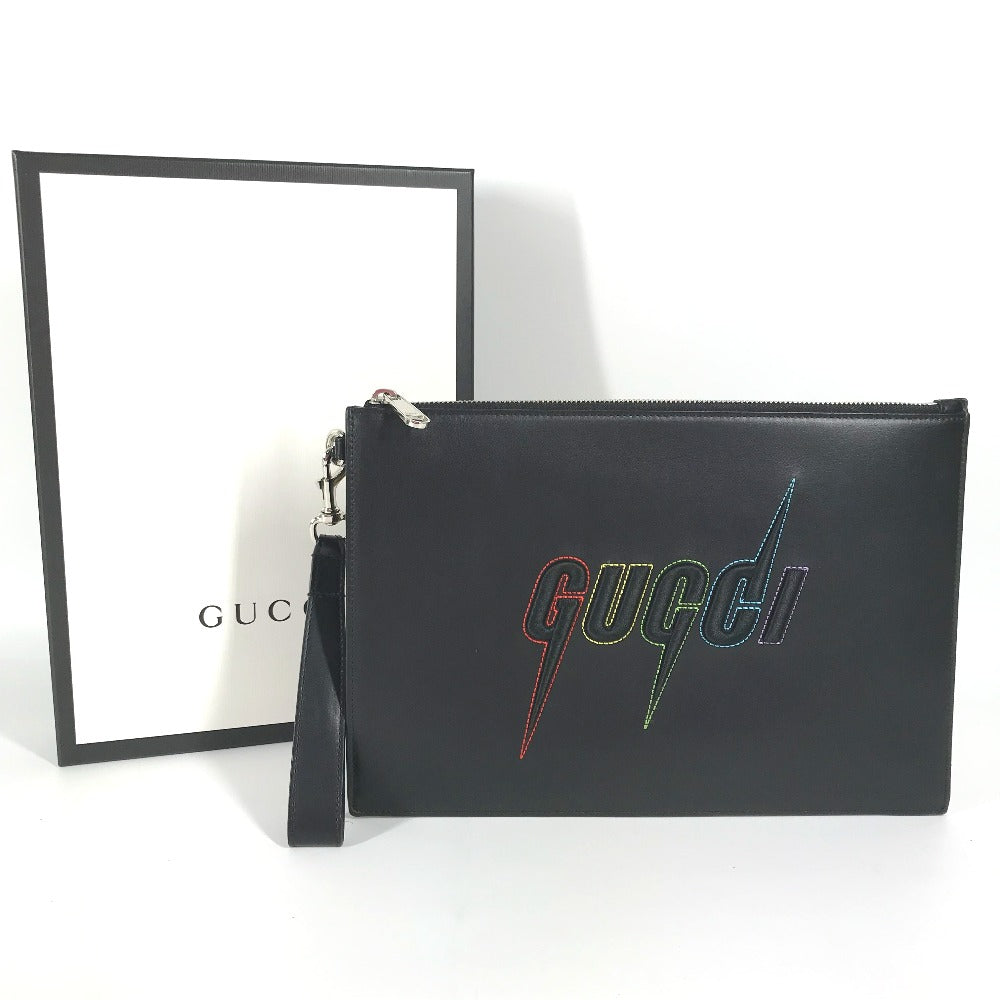 GUCCI Clutch bag 597678 leather black bag pouch Braid embroidery logo unisex(Unisex) Used Authentic