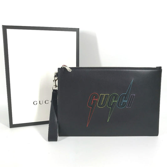 GUCCI Clutch bag 597678 leather black bag pouch Braid embroidery logo unisex(Unisex) Used Authentic