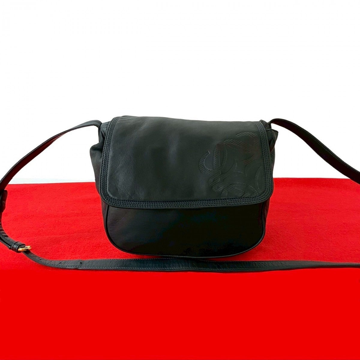 LOEWE Shoulder Bag leather Navy Anagram logo Women Used Authentic