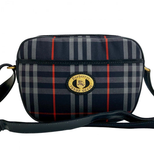 BURBERRY Shoulder Bag Leather, Canvas Navy Shadow Horse logo Metal Nova Check Women Used Authentic