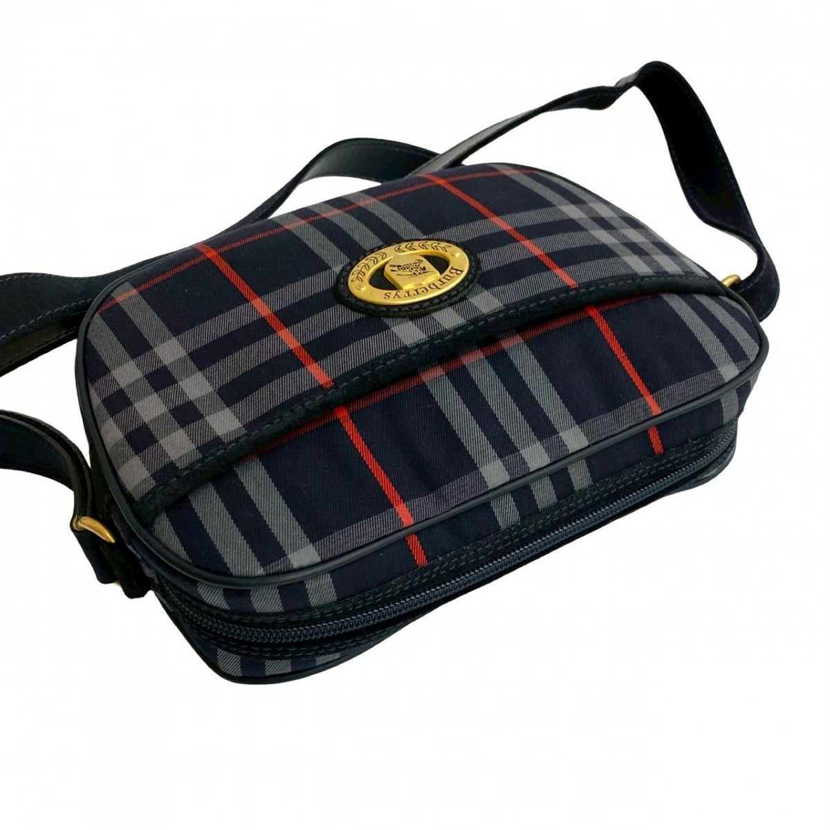BURBERRY Shoulder Bag Leather, Canvas Navy Shadow Horse logo Metal Nova Check Women Used Authentic