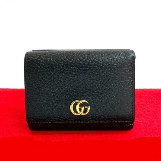 GUCCI Tri-fold wallet leather black GG Marmont