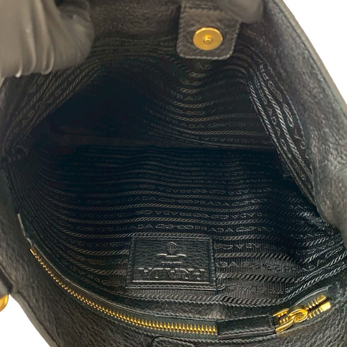 PRADA Shoulder Bag leather black Logo embossing Women Used Authentic