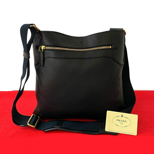 PRADA Shoulder Bag leather black Logo embossing Women Used Authentic