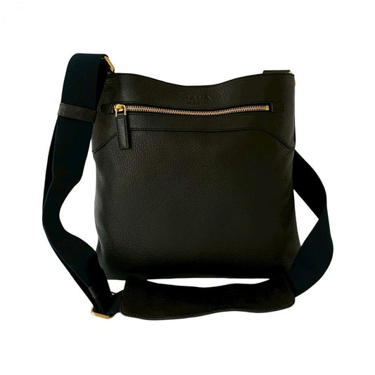 PRADA Shoulder Bag leather black Logo embossing Women Used Authentic