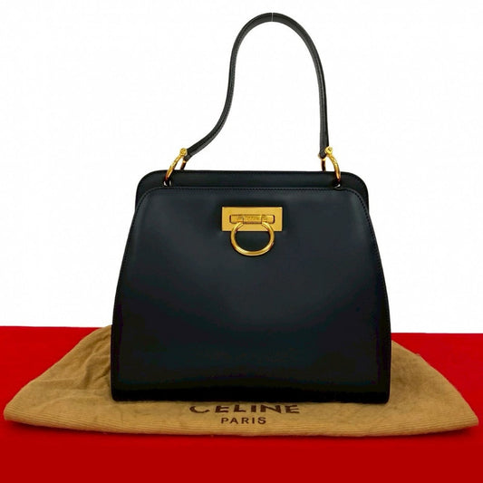 CELINE Handbag leather Navy Double Face Gancini Metal Women Used Authentic