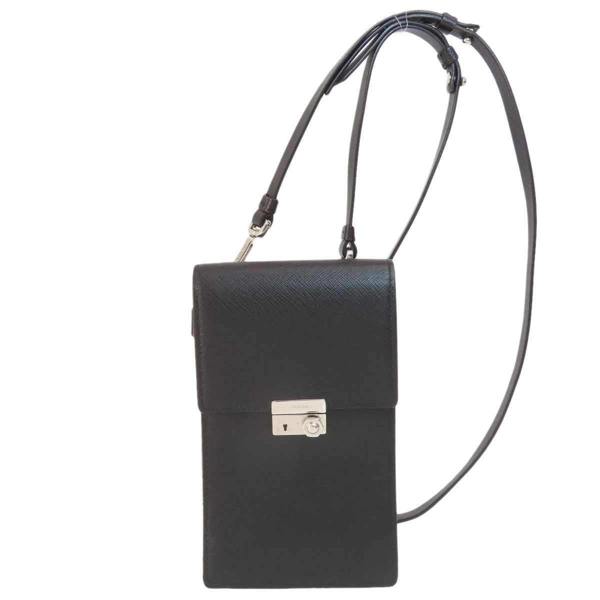 PRADA Shoulder Bag leather black logo saffiano Women Used Authentic