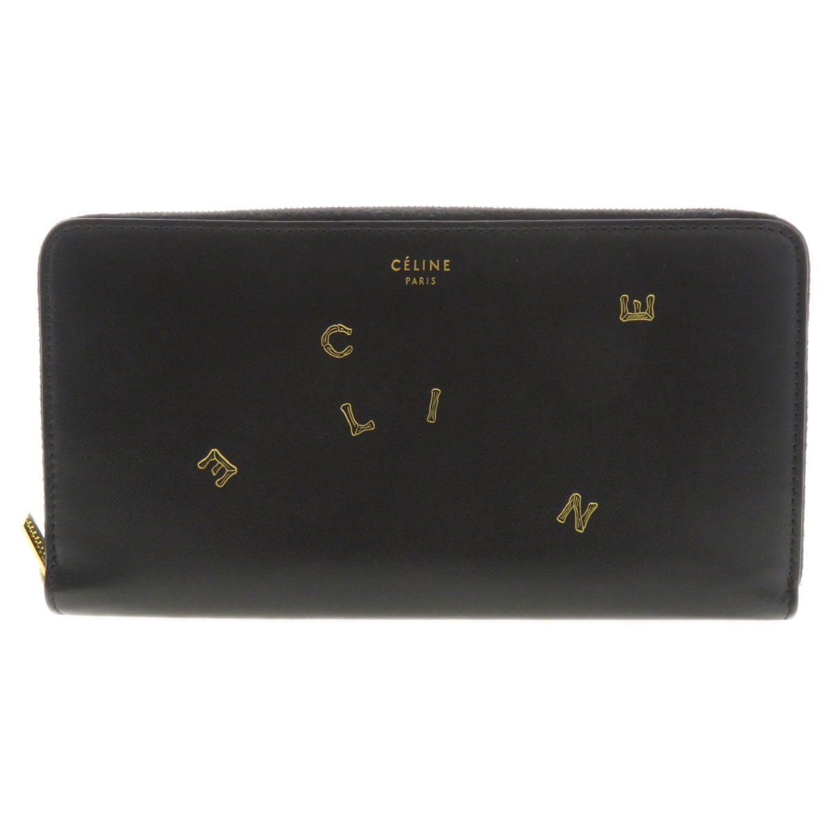 CELINE Long Wallet Purse Calfskin black Logo motif Women Used Authentic