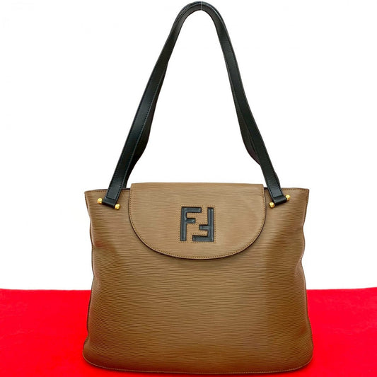 FENDI Tote Bag leather Brown FF logo Women Used Authentic