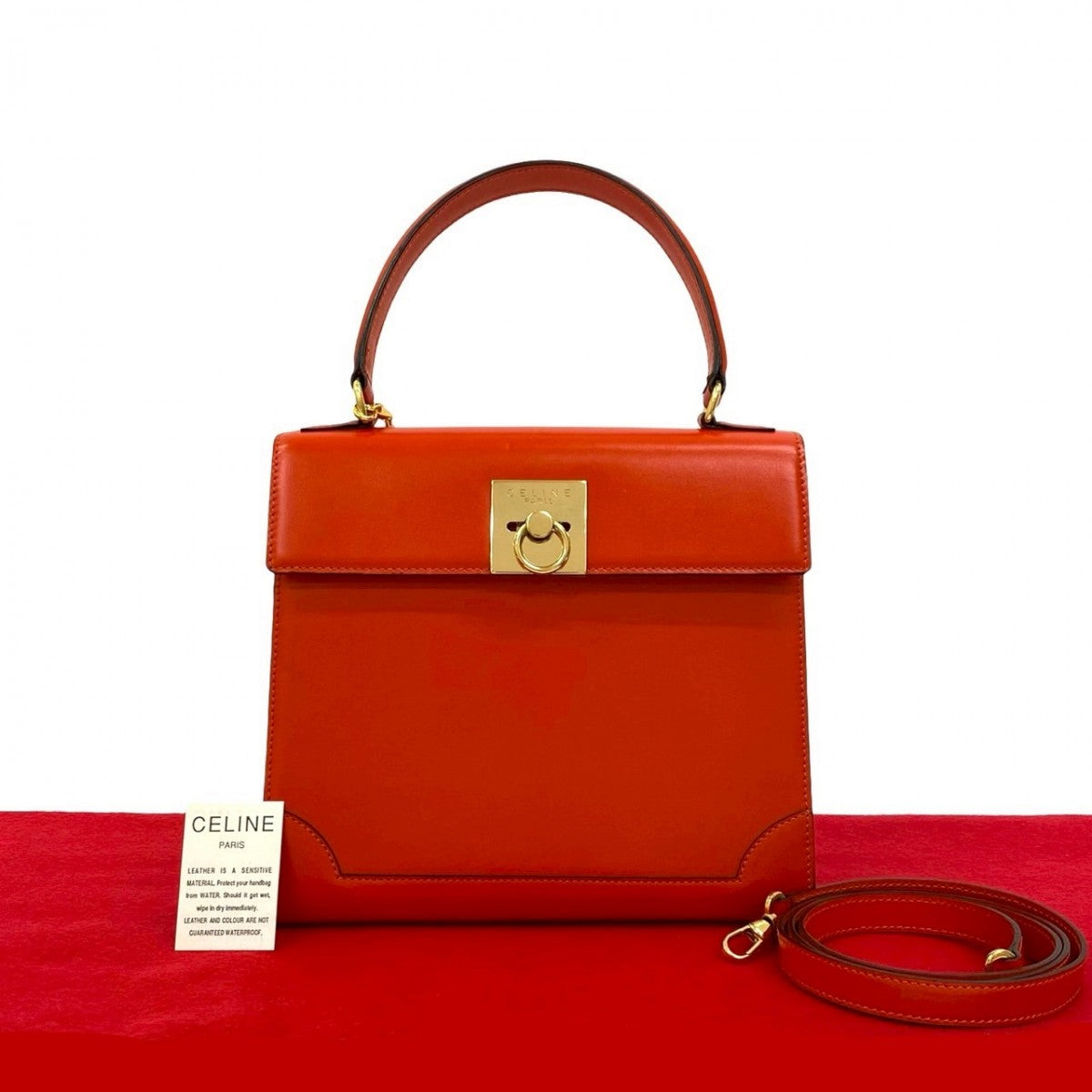 CELINE Shoulder Bag leather Orange logo ring Metal Women Used Authentic