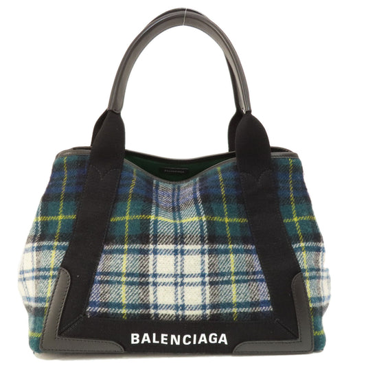 BALENCIAGA Handbag 339933 wool green Navy Cabas Check Pattern Women Used Authentic