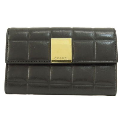 CHANEL Bifold Wallet Calfskin black Chocolate Bar Gold Metal Women Used Authentic