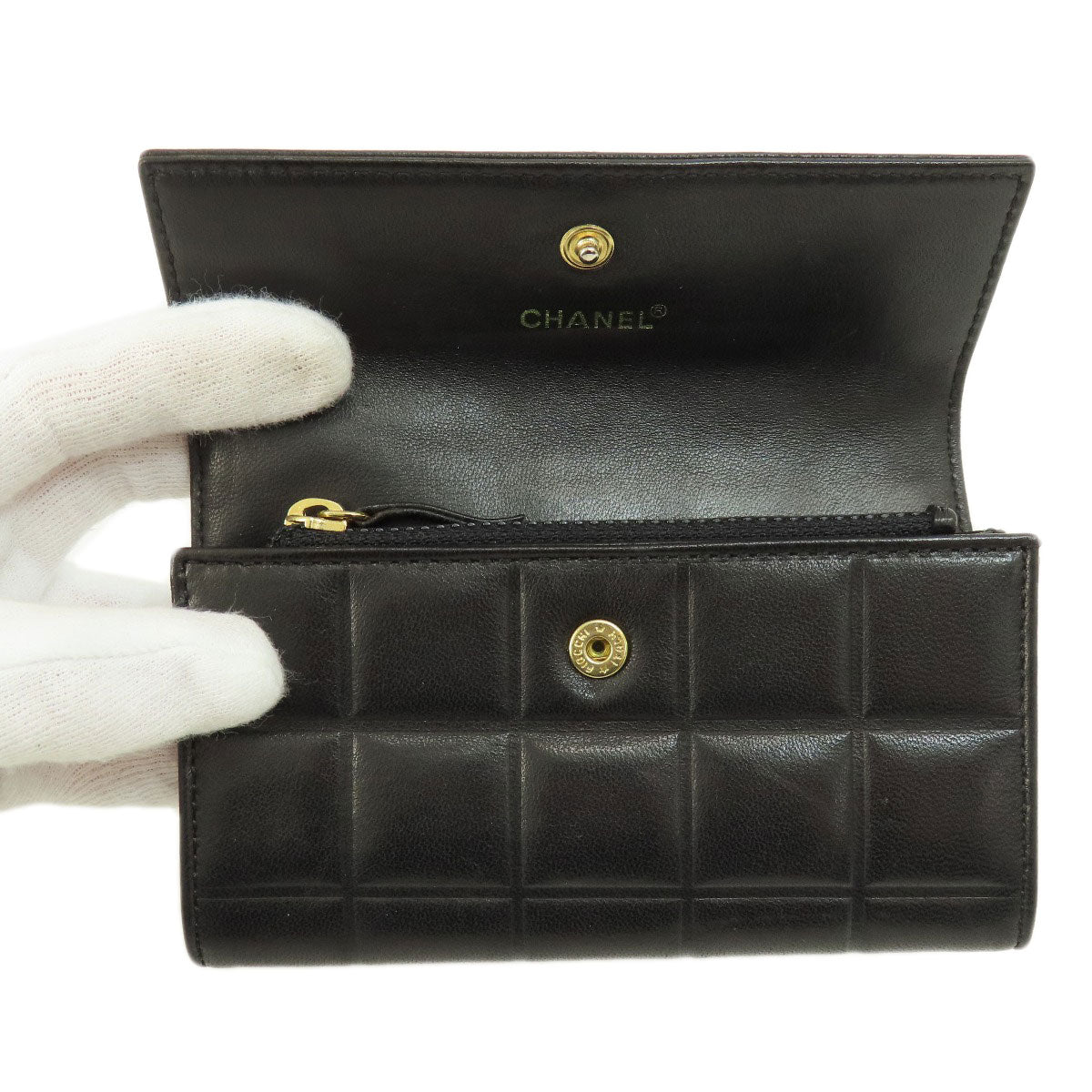 CHANEL Bifold Wallet Calfskin black Chocolate Bar Gold Metal Women Used Authentic
