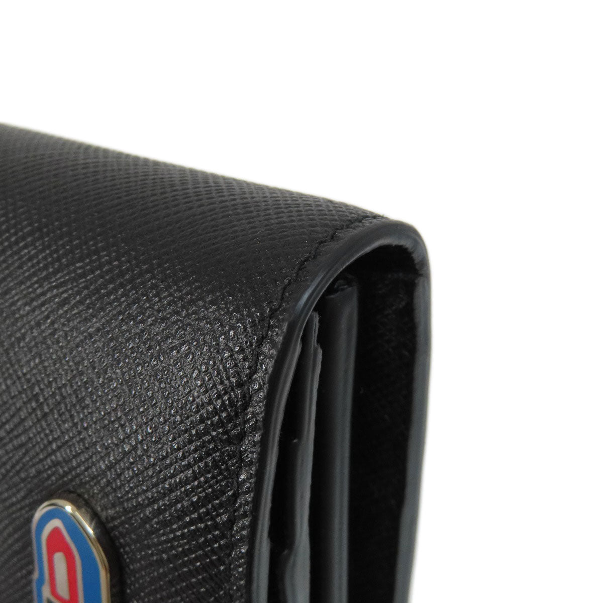 PRADA Long Wallet Purse 1MH132 leather black Saffiano pin badge Women Used Authentic
