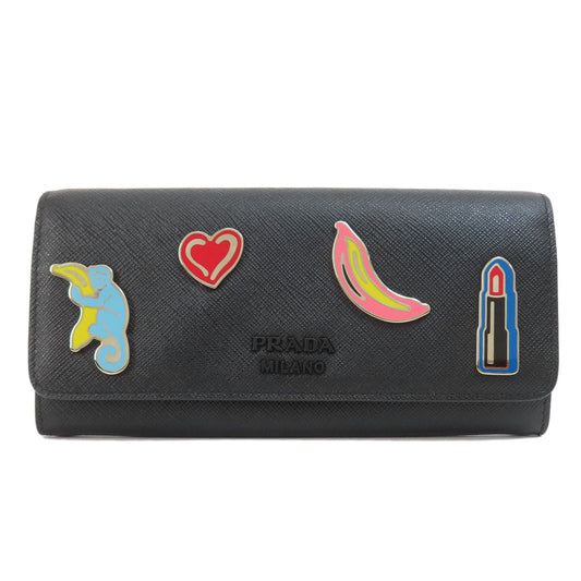 PRADA Long Wallet Purse 1MH132 leather black Saffiano pin badge Women Used Authentic