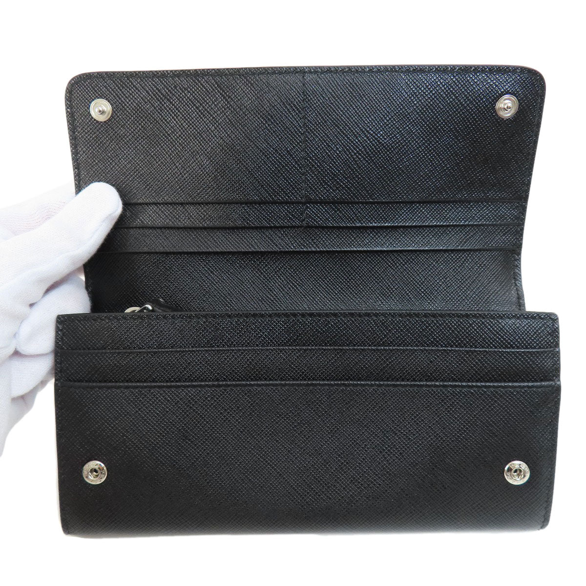 PRADA Long Wallet Purse 1MH132 leather black Saffiano pin badge Women Used Authentic