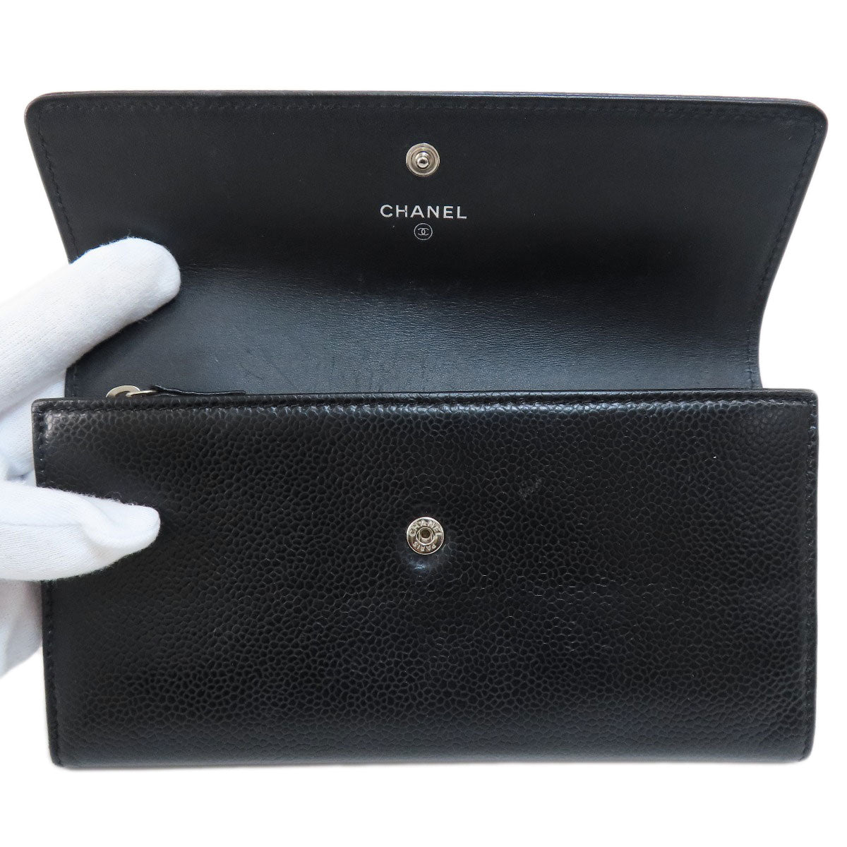 CHANEL Long Wallet Purse Grained Calfskin Skin black COCO Mark SilverMetal