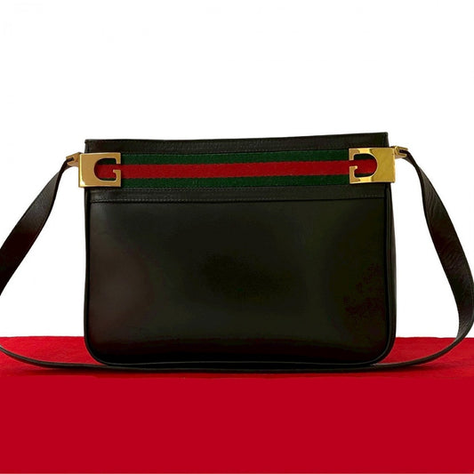 GUCCI Shoulder Bag leather black G logo Metal Sherry line Women Used Authentic