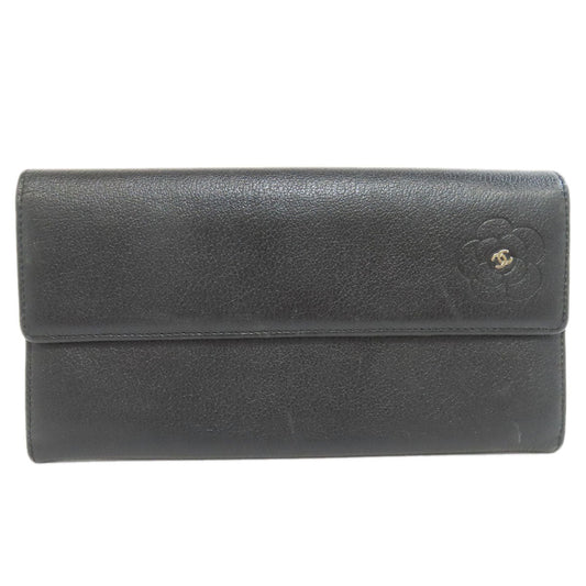 CHANEL Long Wallet Purse Calfskin black Camellia COCO Mark