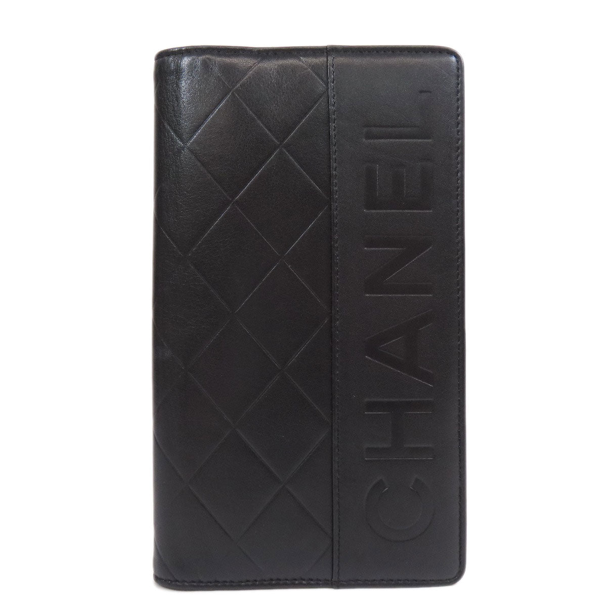 CHANEL Long Wallet Purse Calfskin black logo SilverMetal mens Used Authentic