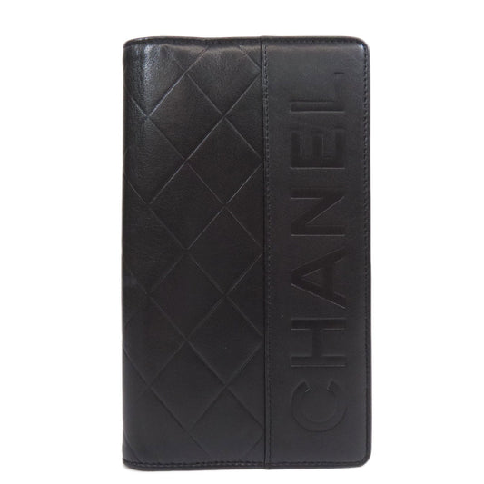 CHANEL Long Wallet Purse Calfskin black logo SilverMetal mens Used Authentic