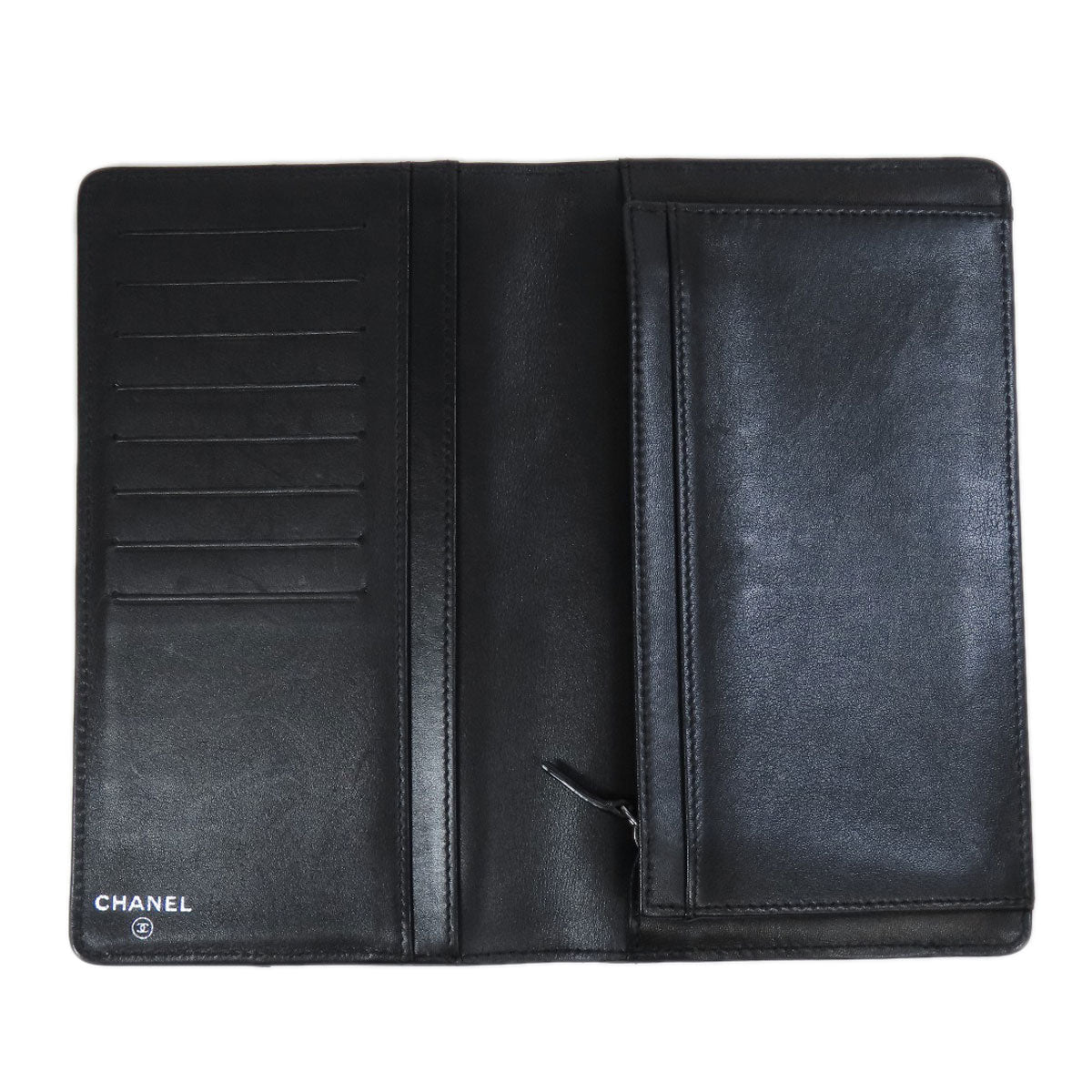 CHANEL Long Wallet Purse Calfskin black logo SilverMetal mens Used Authentic