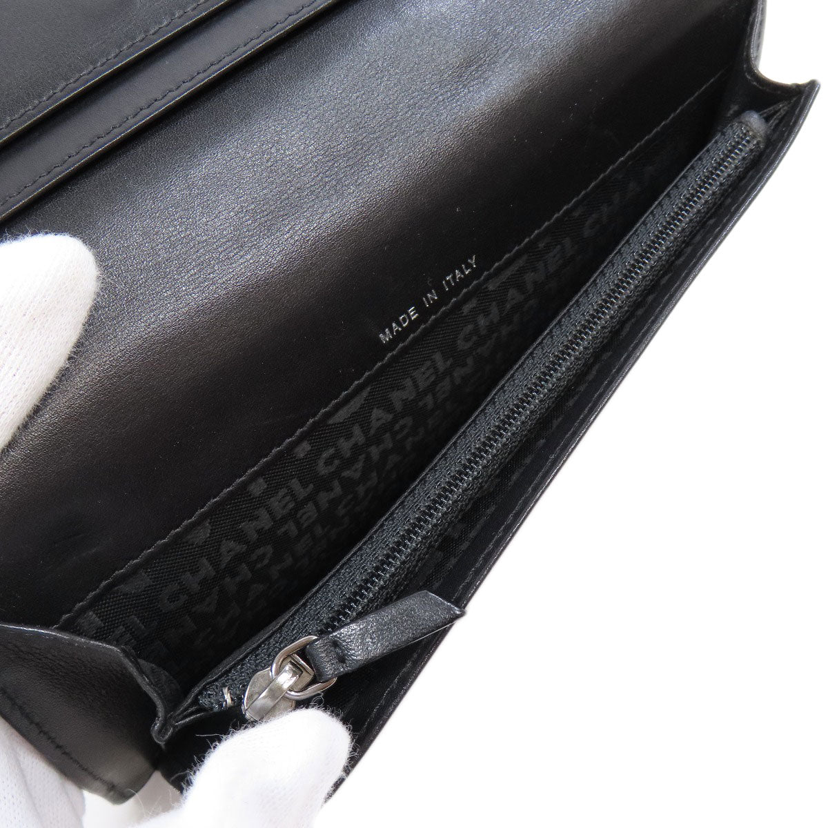 CHANEL Long Wallet Purse Calfskin black logo SilverMetal mens Used Authentic