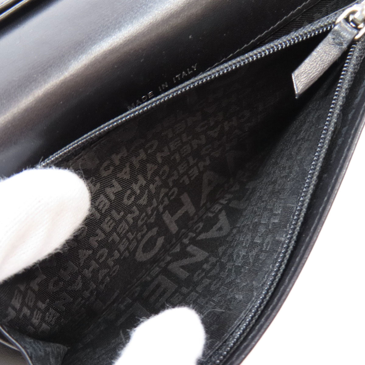 CHANEL Long Wallet Purse Calfskin black logo SilverMetal mens Used Authentic