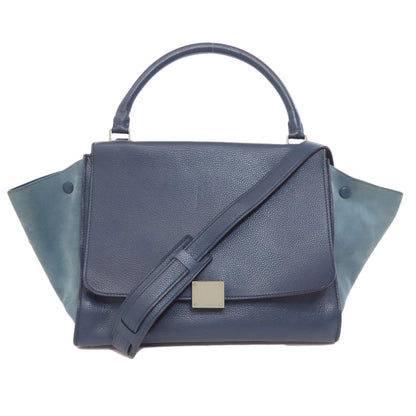 CELINE Handbag leather Navy Trapeze 2WAY Women Used Authentic
