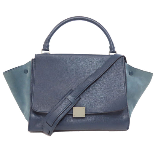 CELINE Handbag leather Navy Trapeze 2WAY Women Used Authentic