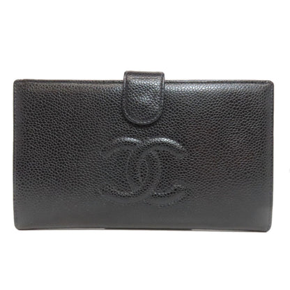 CHANEL Long Wallet Purse Grained Calfskin Skin black COCO Mark Gold Metal Women Used Authentic