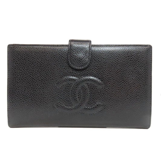 CHANEL Long Wallet Purse Grained Calfskin Skin black COCO Mark Gold Metal Women Used Authentic