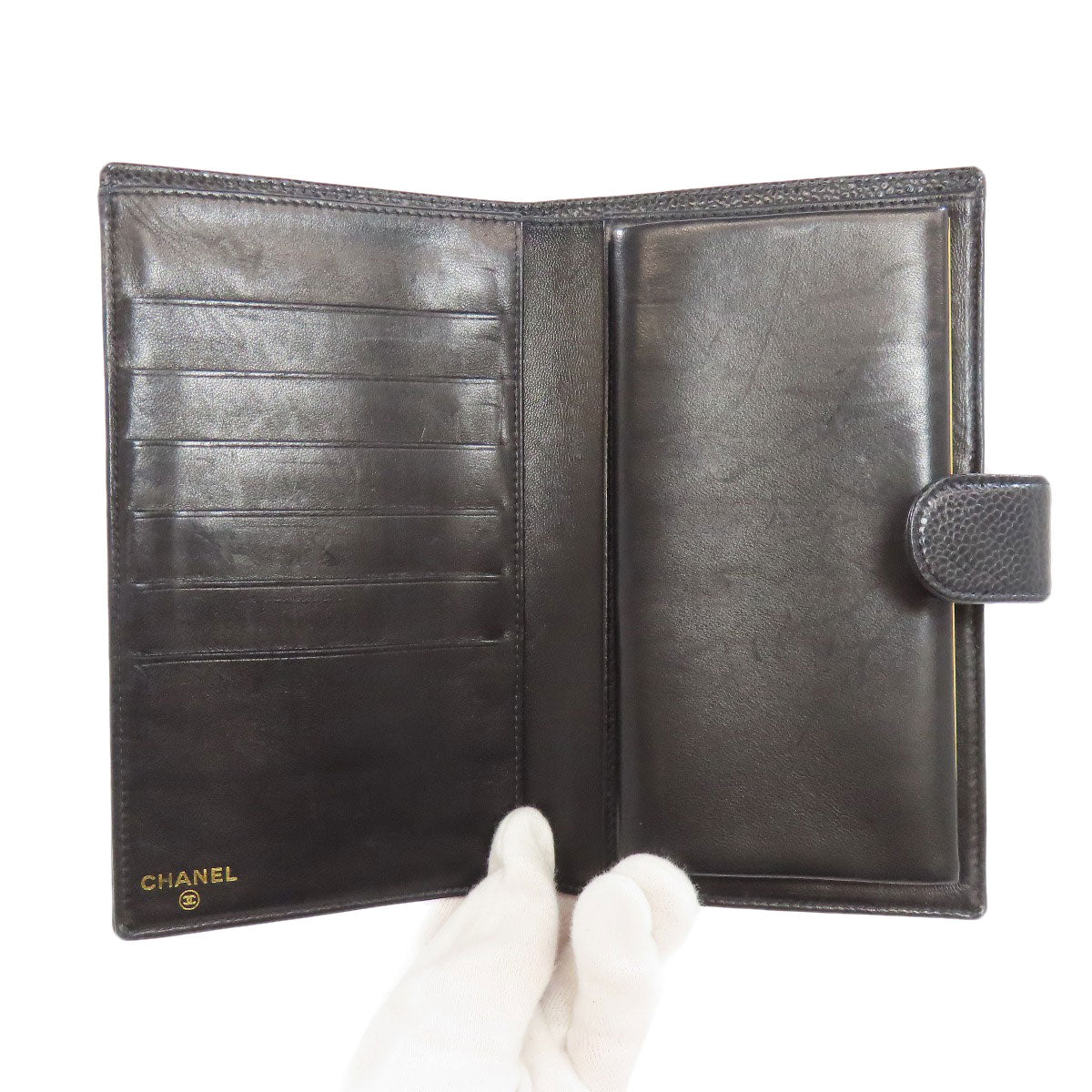 CHANEL Long Wallet Purse Grained Calfskin Skin black COCO Mark Gold Metal Women Used Authentic