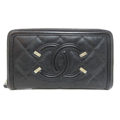 CHANEL Long Wallet Purse Grained Calfskin Skin black Matelasse Gold Metal
