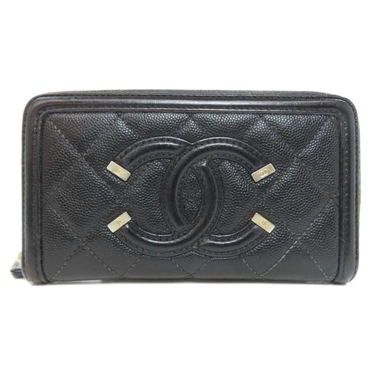 CHANEL Long Wallet Purse Grained Calfskin Skin black Matelasse Gold Metal