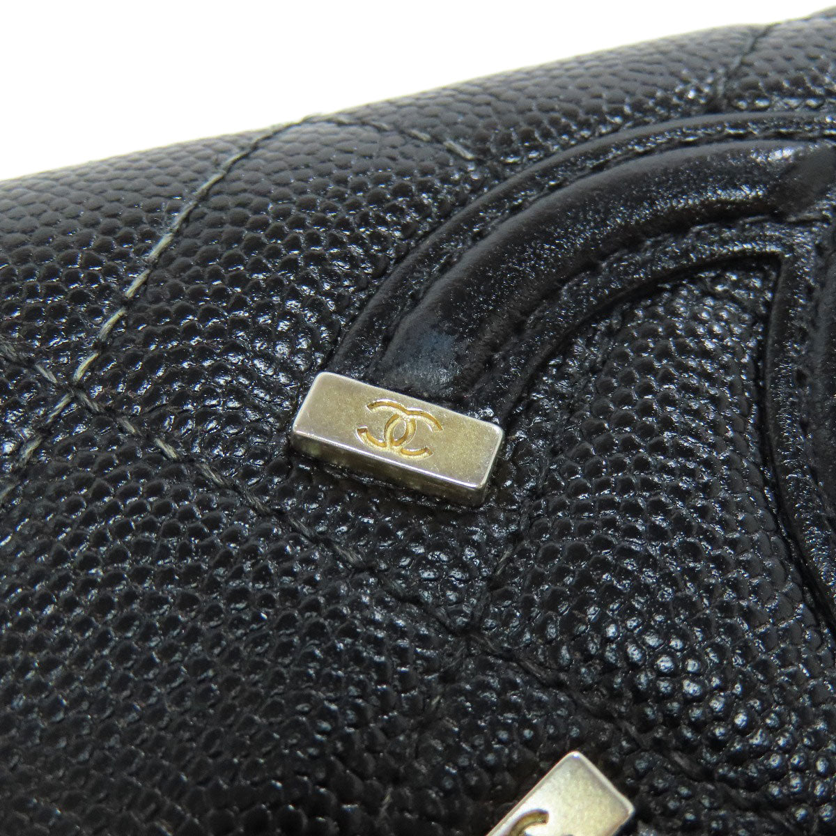 CHANEL Long Wallet Purse Grained Calfskin Skin black Matelasse Gold Metal