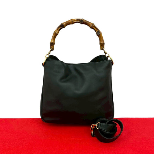 GUCCI Shoulder Bag leather black Bamboo