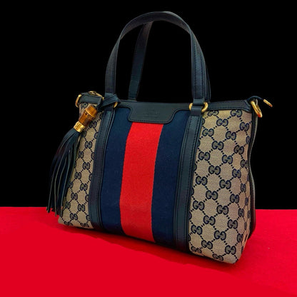 GUCCI Handbag canvas Navy Sherry line